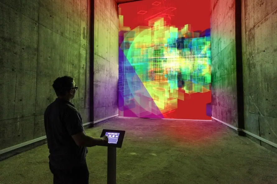 Miguel Chevalier, Installation view of “Méta-cités” (2013) Pile Pont Expo in Saint-Gervais-les-Bains, France