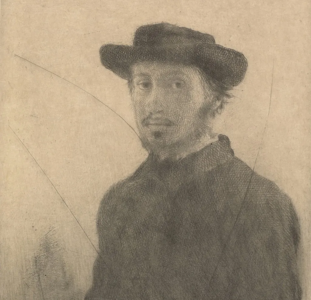 Edgar Degas (French, 1834–1917), Self Portrait, 1857, Etching and drypoint, 10-1/2 x 7 inches, Private Collection.