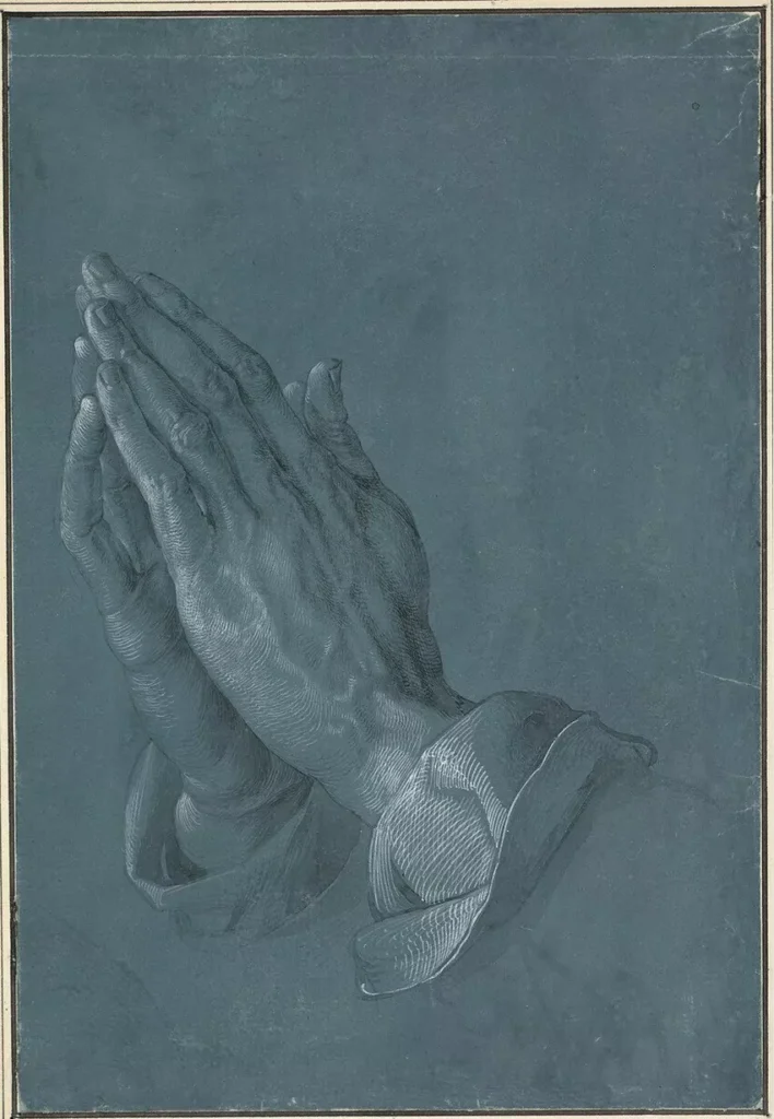 Albrecht Dürer, Praying Hands (Detail study for the Heller Altarpiece), circa 1508, brush on paper (Brush in gray and black, gray wash, highlights in white, on Venetian blue primed paper)