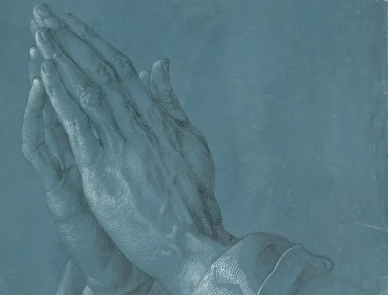Albrecht Dürer, Praying Hands (Detail study for the Heller Altarpiece), circa 1508, brush on paper (Brush in gray and black, gray wash, highlights in white, on Venetian blue primed paper)