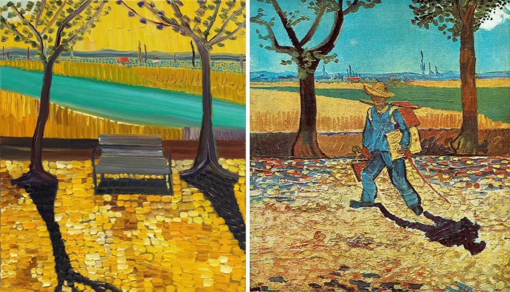 Matthew Wong’s The Space Between Trees (2019), can be seen as both a tribute to Vincent van Gogh’s The Painter on the Road to Tarascon (1888) and a form of self-portrait