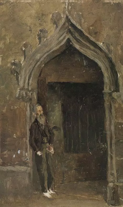 Pablo Picasso, Man leaning against the Gothic gates of the Barcelona Cathedral, 1896. Oil, board. (20.5×13.6).
