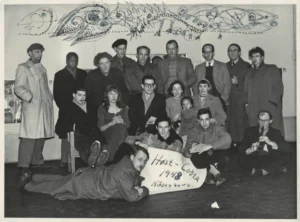 From top left: Ernest Mancoba, Carl-Henning Pedersen, Erik Ortvad, Ejler Bille, Knud Nielsen, Tage Mellerup, Åge-Vogel-Jørgensen, Erik Thommesen. Middle from left: Karel Appel, Tony Appel, Christian Dotremont, Sonja Ferlov Mancoba with Wonga, Else Alfelt. Bottom from left: Asger Jorn, Corneille, Constant, Henry Heerup. Highlighted artists in italic are considered as the main members of the CoBrA group today.