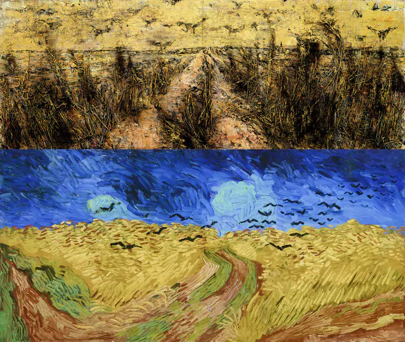 Anselm Kiefer, Die Krähen (The Crows), 2019. © Anselm Kiefer and Vincent van Gogh, Wheatfield with Crows, 1890, oil on canvas, 50.5 × 103 cm, collection Van Gogh Museum (Vincent van Gogh Foundation)