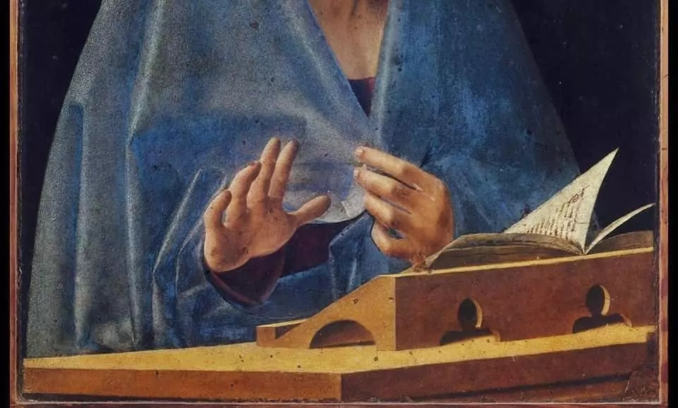 Detail Virgin Annunciate by Antonello da Messina, Galleria Regionale della Sicilia, Palermo