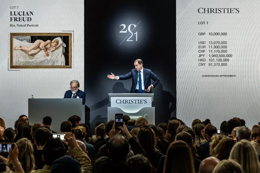 Adrien Meyer, global head-private sales and co-chairman of Impressionist and modern art, selling Lucian Freud’s Ria, Naked Portrait,2006–07, at Christie’s, 2024. Courtesy of Christie’s.