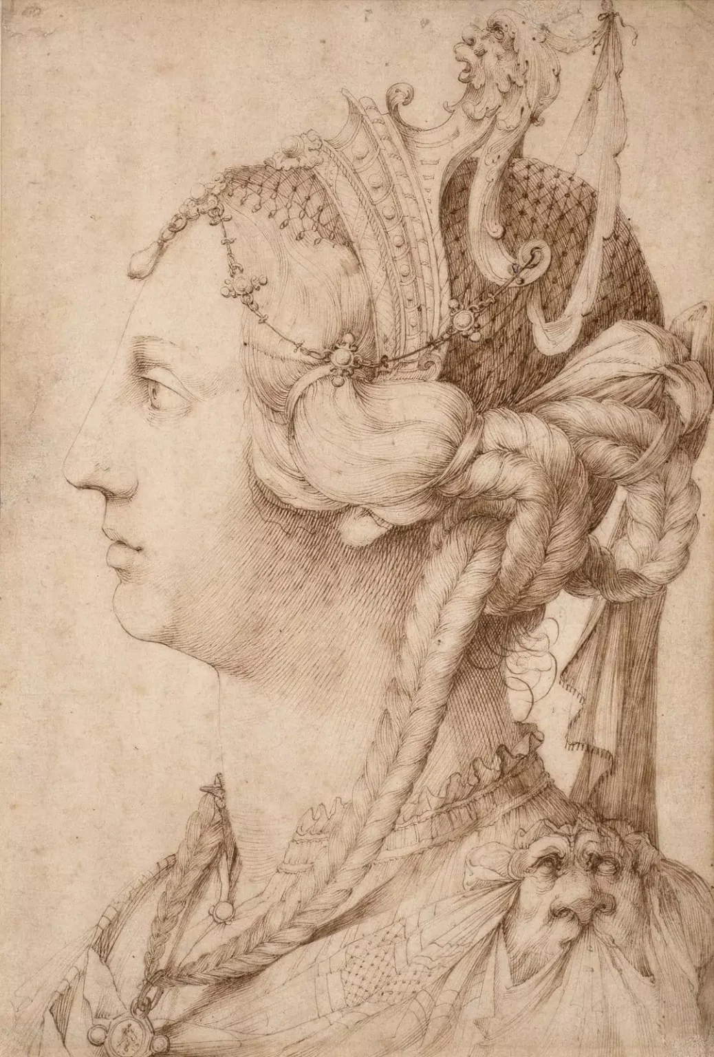 Jacopo Ligozzi, An ideal head of a woman with an elaborate headdress. Pen and brown ink, over traces of black chalk